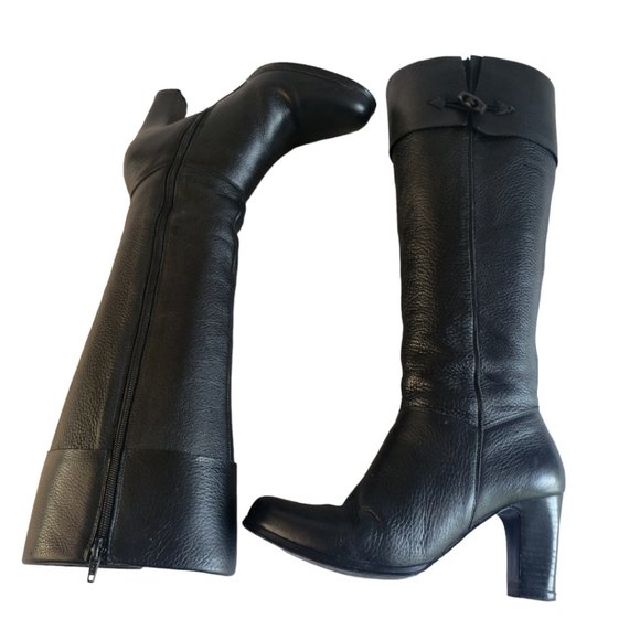 Jones Bootmaker Black Leather Tall Boots Size 38 EU 7.5 US EUC Chunky 3" Heel - Picture 1 of 8